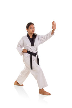 Female martial artist palm strike full length