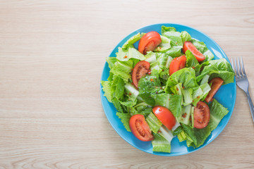 Delicious and healthy fresh organic tomato and romaine lettuce salad with vinaigrette dressing sauce on a wooden surface