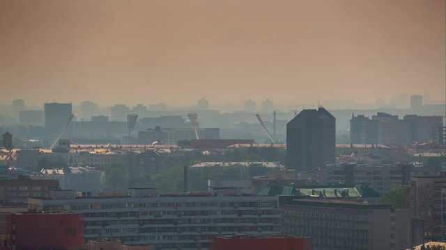 sunset time minsk cityscape central district rooftop panorama 4k timelapse belarus 
