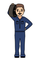 young mechanic worker lifting wheel