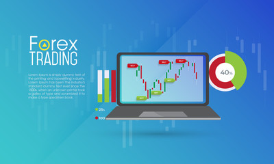 Forex Trade Signals monitoring via laptop. Buy and sell signals (indices) of forex strategy on the candlestick chart at laptop screen
