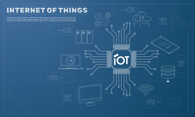 Internet of things (IoT) concept. symbol connected with icons of typical IoT. Intelligent pc, cloud, smartphone, machine. Blueprint concept