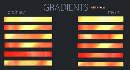 Red and yellow gradients. Set or palette. Mesh and regular gradients. Golden colors. For designers. Vector illustration. Holiday colors. Graphic resources. Yellow and orange color. 