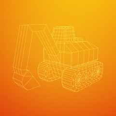 Excavator heavy equipment construction company. Wireframe low poly mesh vector illustration