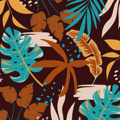 Tropical background with colorful leaves and plants.  Tropical botanical. Tropic leaves in bright colors. Exotic jungle wallpaper. Beautiful print with hand drawn exotic plants.