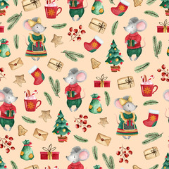 Seamless pattern with cute mice and Christmas elements