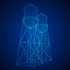 Water tower. Industrial construction with water tank. Wireframe low poly mesh vector illustration.