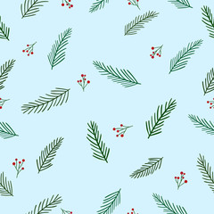 Green fir branches and little branches with red berries on calm blue background. Seamless winter pattern.