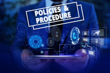 Conceptual hand writing showing Policies And Procedure. Concept meaning list of rules defines customer and buyer rights Male wear formal suit presenting presentation smart device