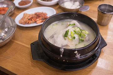 Traditional samgyetang, chicken soup with ginseng, Korean food.