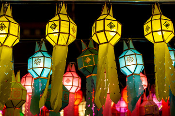 close up selecting row of colorful paper lanterns decoration during Loy Kratong festival, Thailand