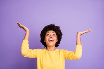 Close-up view portrait of her she nice attractive charming lovely cheerful cheery glad excited dreamy wavy-haired girl having fun looking up isolated over violet purple lilac pastel color background