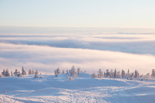 Snowy slope above clouds