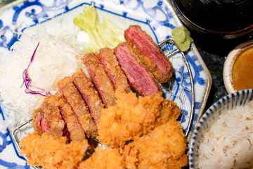 Japanese Gyukatsu, deep fried steak served with rice and miso soup.