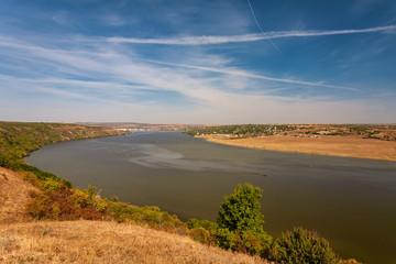Beautiful autumn landscape with a river in the early morning, The Dniester river in Moldova near the village of Molovata