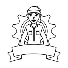 female young mechanic worker with gear and ribbon