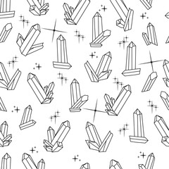 cartoon shiny crystals black lines silhouettes on white background seamless pattern, for paper, fabric, textile, decoration, editable vector illustration