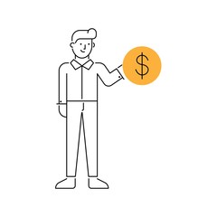 Man holding a coin vector illustration, outline style