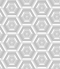 black and white seamless geometric hexagons and triangles pattern tile. modern geometrical surface design for textile, fabric, backgrounds, wallpaper, backdrop, cover and interior design. 
