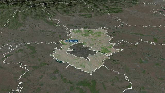 Ilfov - county of Romania with its capital zoomed on the satellite map of the globe. Animation 3D