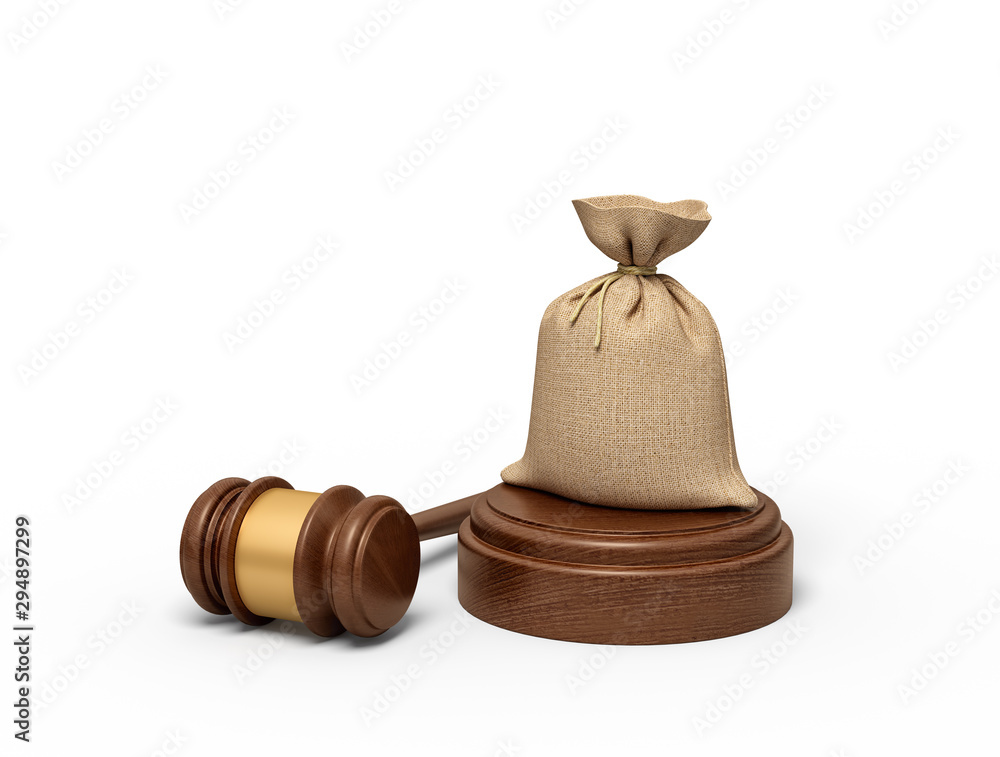 Poster 3d rendering of canvas money bag standing on sounding block with gavel beside.