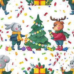 Obraz na płótnie Canvas Cute seamless christmas pattern, watercolor. Ideal for Christmas decor, wrapping paper, fabric.
