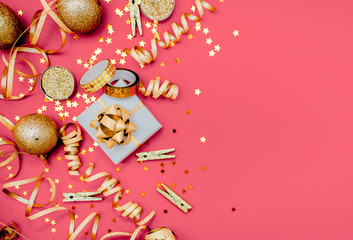 New Year and Christmas background. Holidays and sales concept. Confetti, presents and bows,Top horizontal view