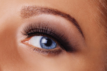 Fototapeta na wymiar Woman eye with long eyelashes and smokey eyes make-up. Eyelash extensions, makeup, cosmetics, beauty