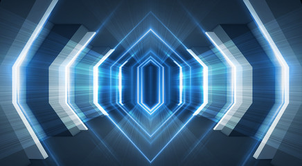 Abstract blue background with neon rays. Abstract light tunnel, corridor, portal. Rays of neon light in the dark, neon shapes, smoke. Symmetric reflection. 3D rendering.