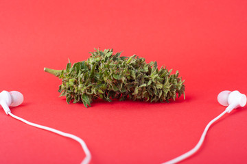 listening to music under marijuana , cannabis bud and headphones on red background