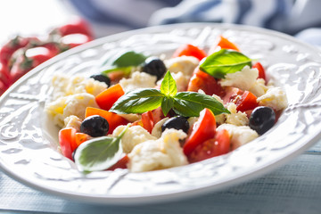 Caprese salad with mozzarella cheese fresh tomatoes olives and basil leaves. Italian or mediterranean healthy meal