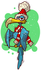 Funny blue bird in christmas hat and scarf. Isolated on white background. New year vector icon.