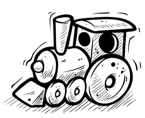 Cartoon black and white wooden train. Isolated on a white background. Vector illustration.