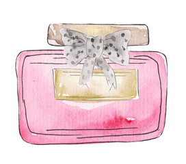perfume perfume in a glass jar with a beautiful transparent bow. watercolor illustration for prints, posters, magazines and design.