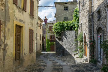 Street in an old town with walls covered in green ivy