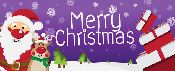 Fototapeta na wymiar Cute Santa Claus and Reindeer with gift on Purple background with snowflakes,Merry Christmas and Happy New Year Concept,design for Greeting Card and poster,Vector illustration.