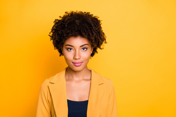 Fototapeta na wymiar Close-up portrait of her she nice-looking attractive lovely charming pretty cute calm content wavy-haired girl isolated over bright vivid shine vibrant yellow color background