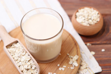 oatmeal milk on the table. Vegetable Milk, Vegetarian Milk.