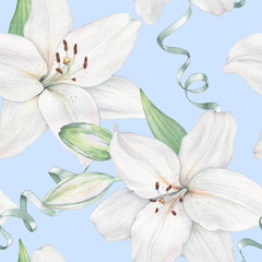 White lily on blue background. Watercolor painting. Seamless pattern. Decorative element suitable for Wallpaper, wrapping paper and backgrounds