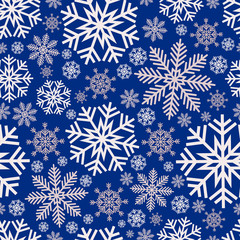 Fototapeta na wymiar Seamless pattern. White snowflakes on a blue background. Vector drawing. Background. Texture.