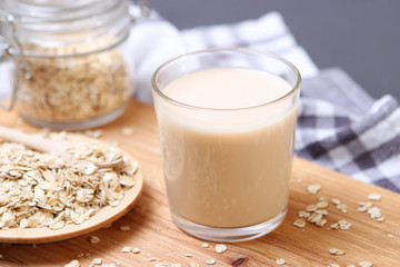oatmeal milk on the table. Vegetable Milk, Vegetarian Milk.