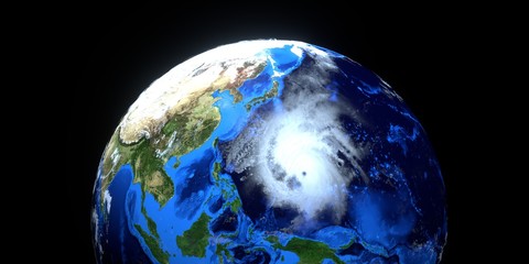 Extremely detailed and realistic high resolution 3D illustration of typhoon Hagibis. Shot from...