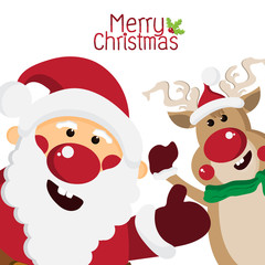 Happy Santa Claus and Cute Reindeer Making Hand Thumbs Up ,cartoon characters for Christmas Greeting,Happy New Year Concept,design for Card and poster,Vector illustration.