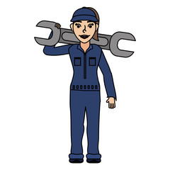 female young mechanic worker lifting wheel