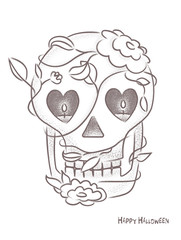 Halloween skull design, Vector bitmap or dots graphics style.Contain flowers on the head and eyes like candles.Greeting card.