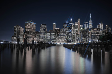 Fototapeta na wymiar A long exposure cityscape shot of downtown Manhattan, NYC