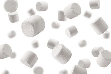 Falling marshmallow isolated on white background, selective focus