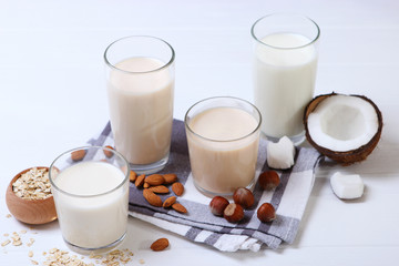 Different types of vegetable milk on the table. Coconut, oatmeal, hazelnut, almond milk. Vegetarian milk.