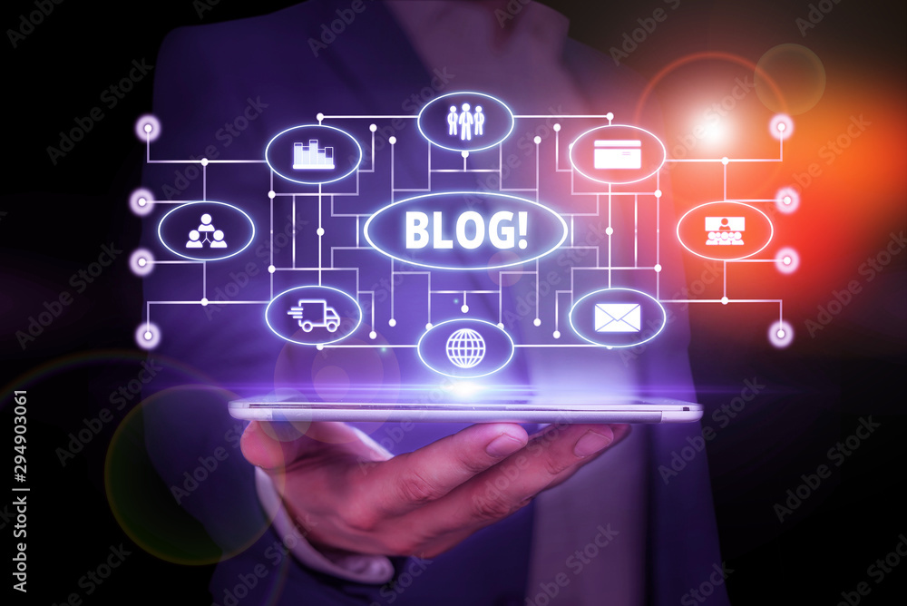 Poster word writing text blog. business photo showcasing regularly updated website or web page run by an in
