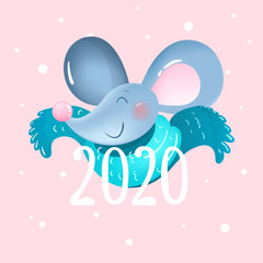 Happy New Year card with cute gray mouse